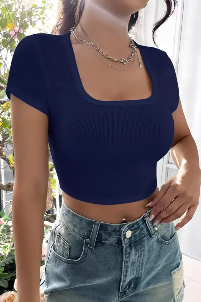 Kadın Lacivert Şık Kesim Yarım Kol Crop Bluz
