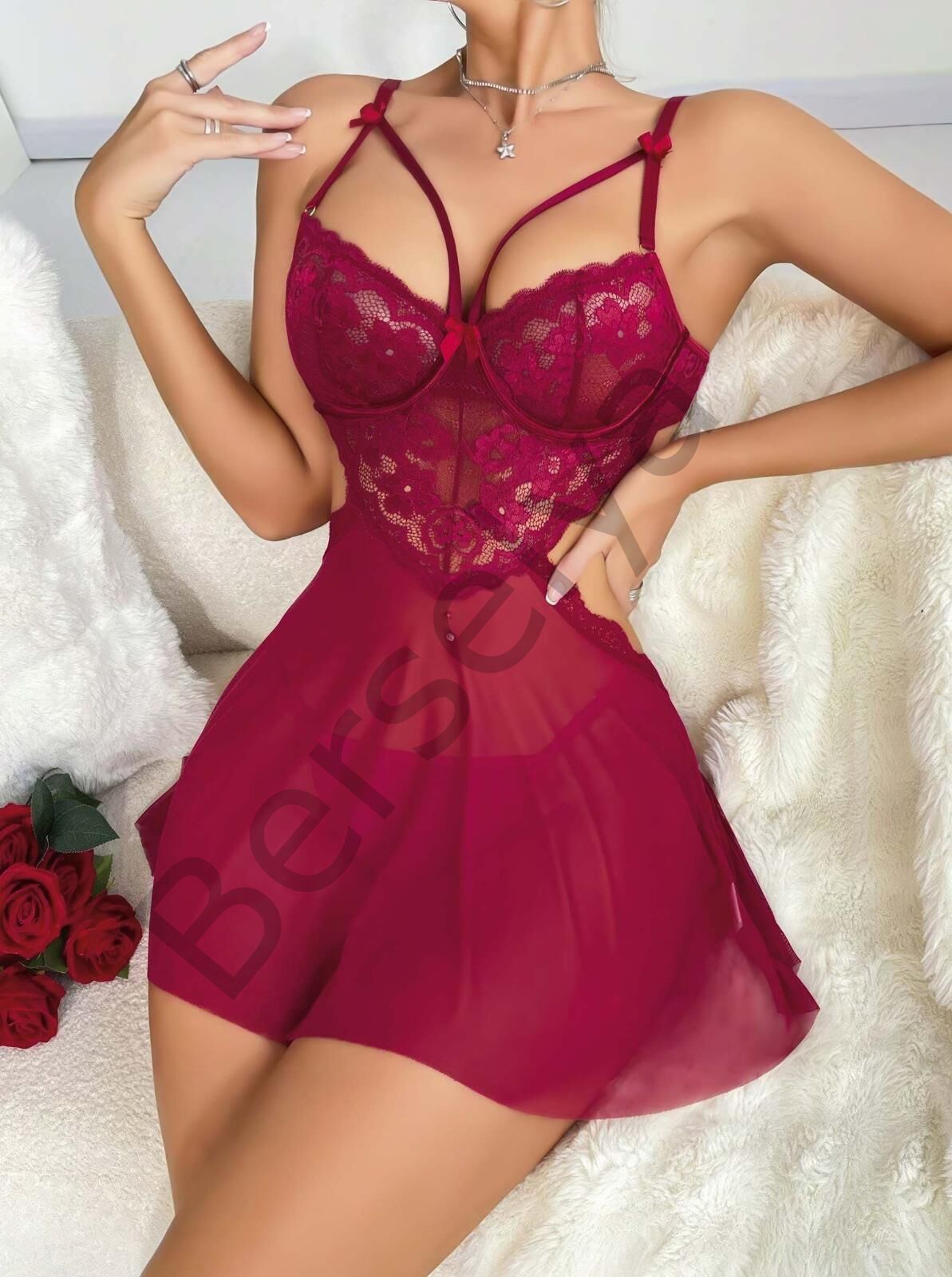 Kadın Kırmızı Fantazi Gecelik Tül Göğüs Dantel Dekolteli Fiyok Detaylı 2162