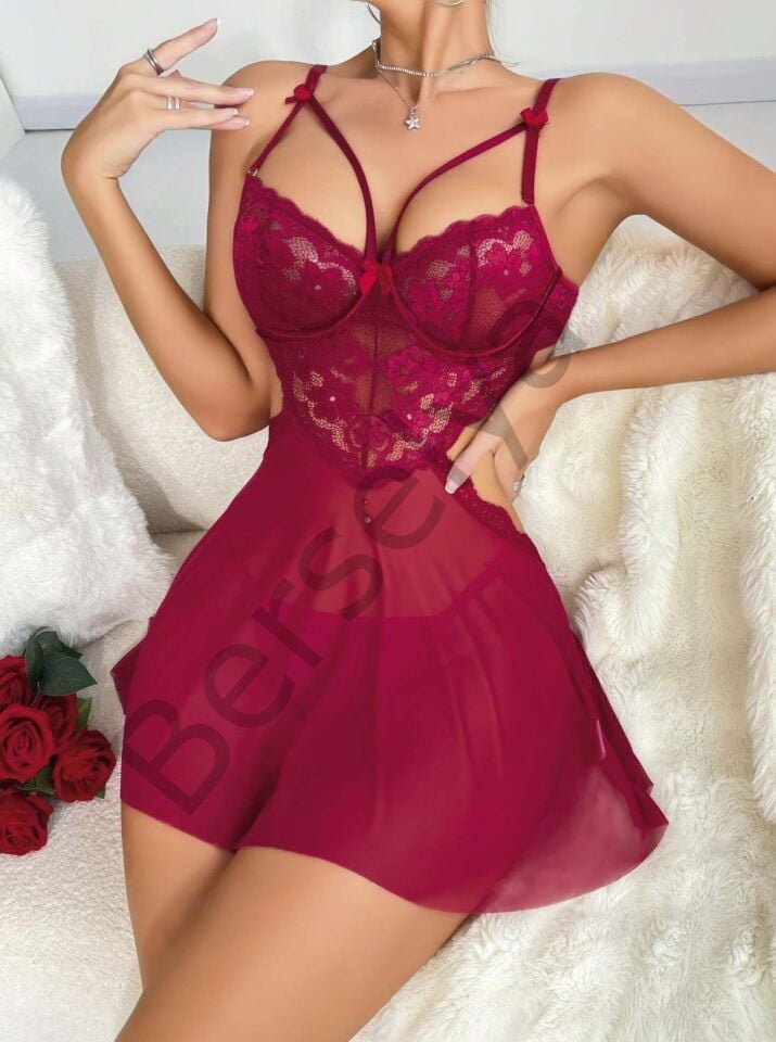 Kadın Kırmızı Fantazi Gecelik Tül Göğüs Dantel Dekolteli Fiyok Detaylı 2162