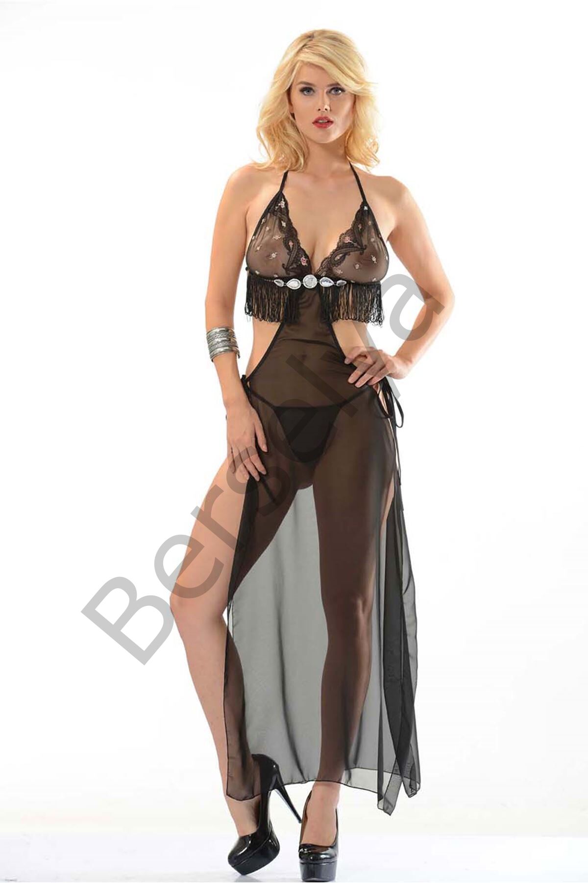 Siyah Püsküllü Şifon Gecelik - 201