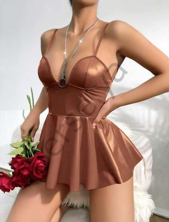 Kahverengi Parlak Lame Fantezi Deri Elbise