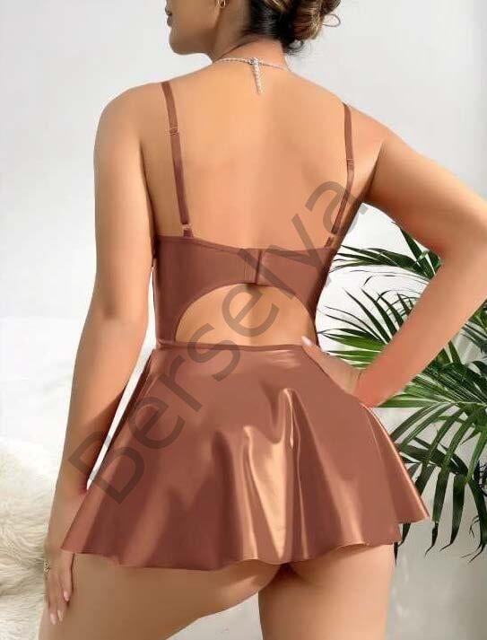 Kahverengi Parlak Lame Fantezi Deri Elbise