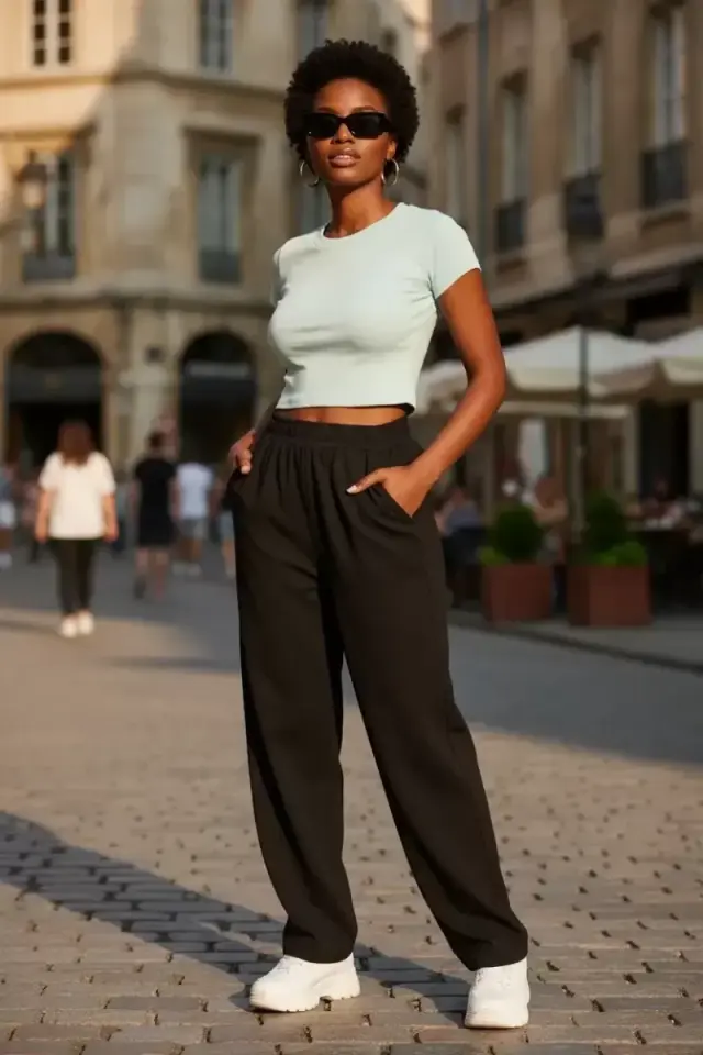 Kadın Beyaz Modern Fit Yuvarlak Yaka Crop Bluz