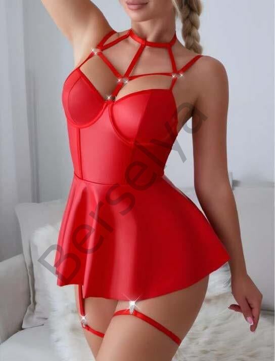 Kırmızı Fantezi Parlak Deri Şık Club Elbise