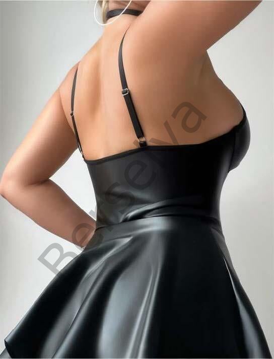 Siyah Fantezi Parlak Deri Şık Club Elbise