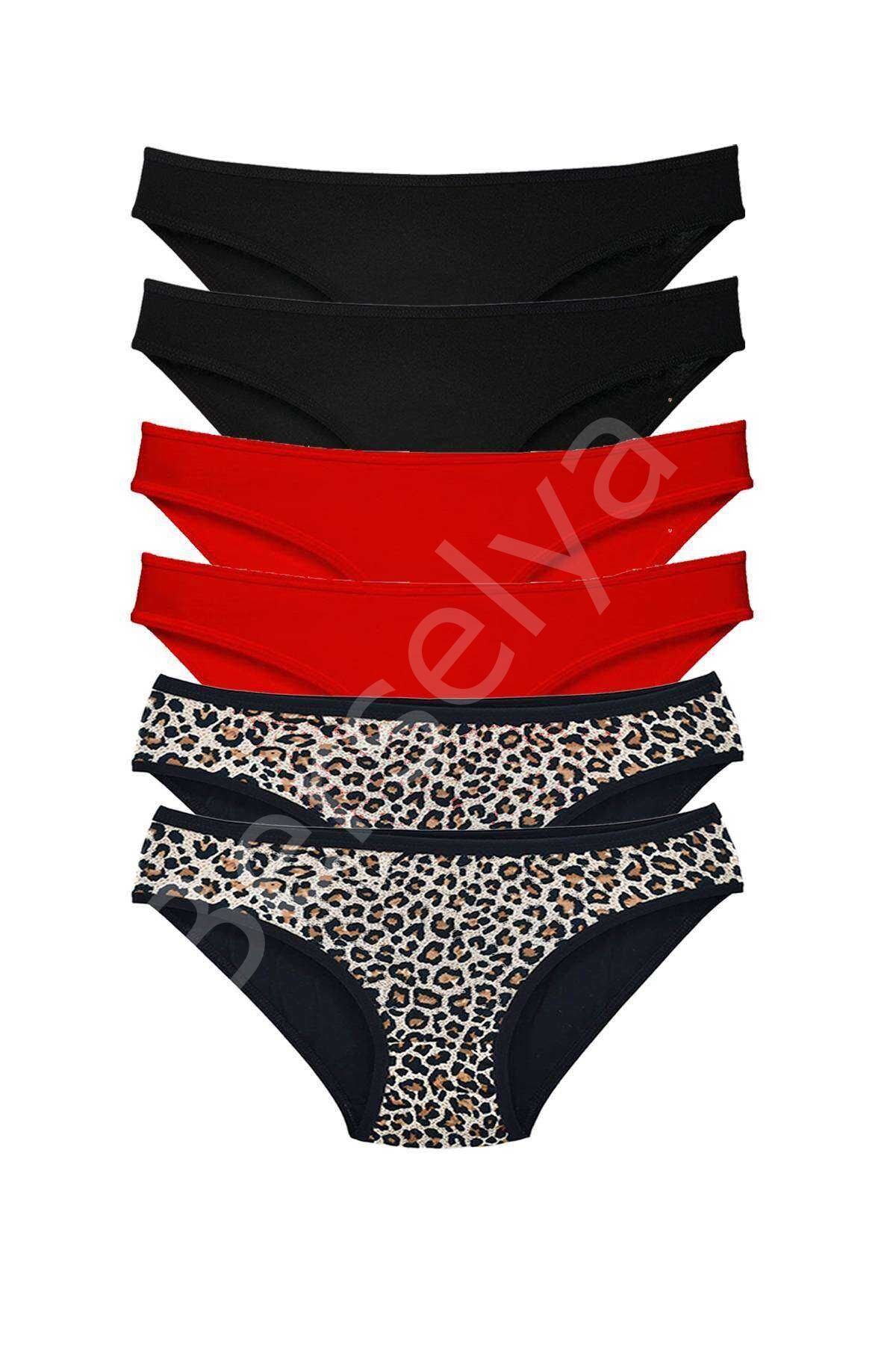6 Adet Özel Set Likralı Yumuşak Dokulu Kadın Slip Külot Leopar Siyah Kırmızı