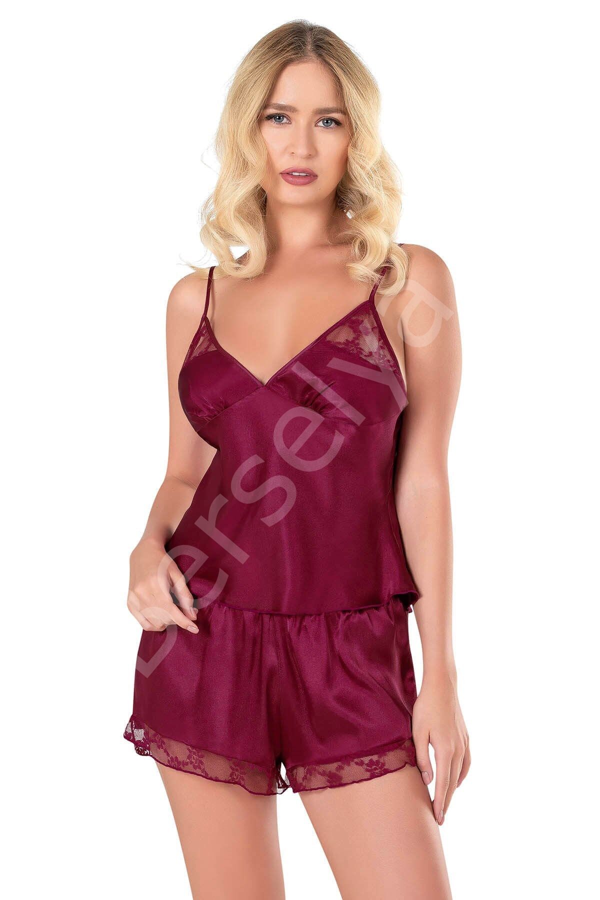 Bordo Saten Babydoll Şort Takımı