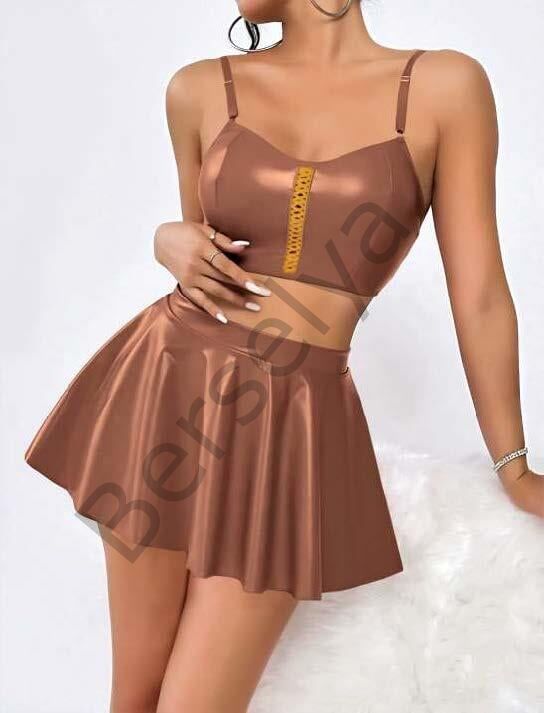 Kahverengi Etekli Fantezi Deri Şık Elbise