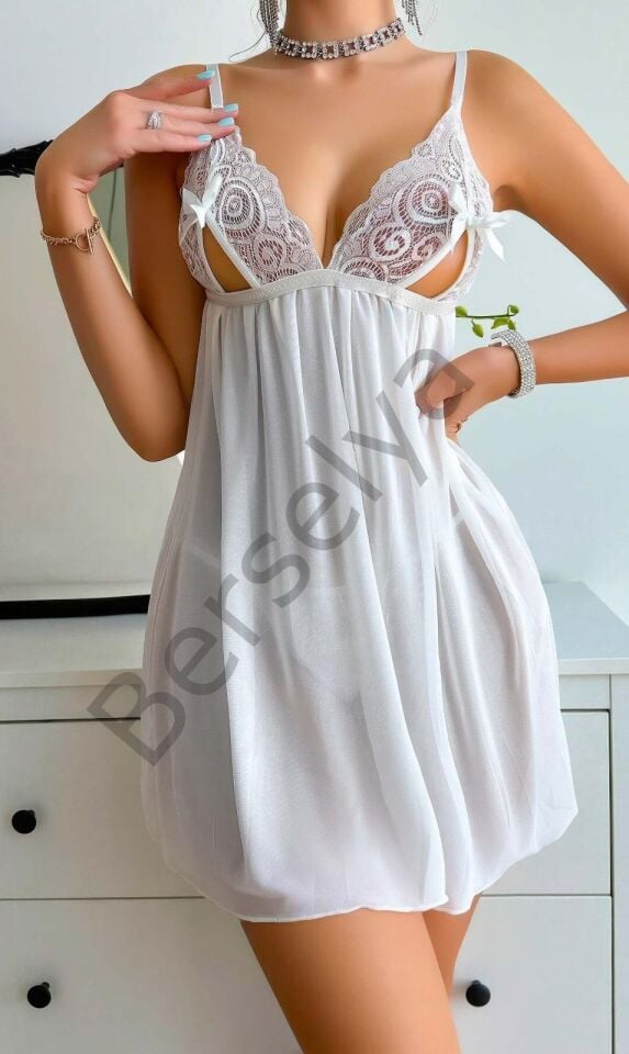 Kadın Beyaz Fantazi Gecelik Tül Göğüs Dekolteli Fiyok Detaylı 2089