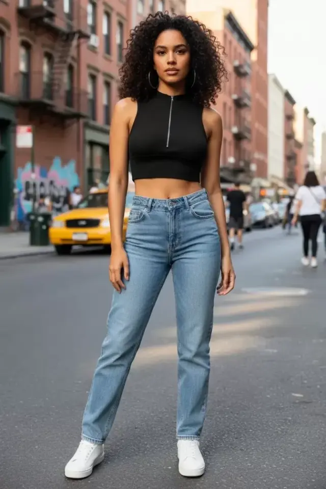 Kadın Siyah Modern Kesim Yarım Fermuarlı Crop Top