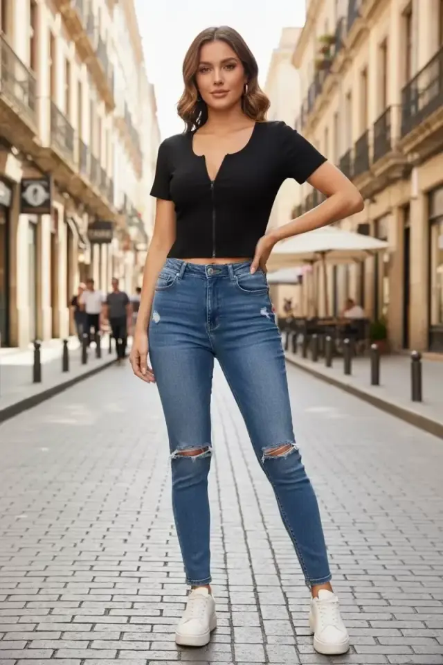 Kadın Siyah Çift Fermuarlı Modern Yarım Kol Crop Top Bluz