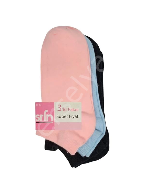 Srfn Kadın Patik Çorap 3 Lü Düz Renkli