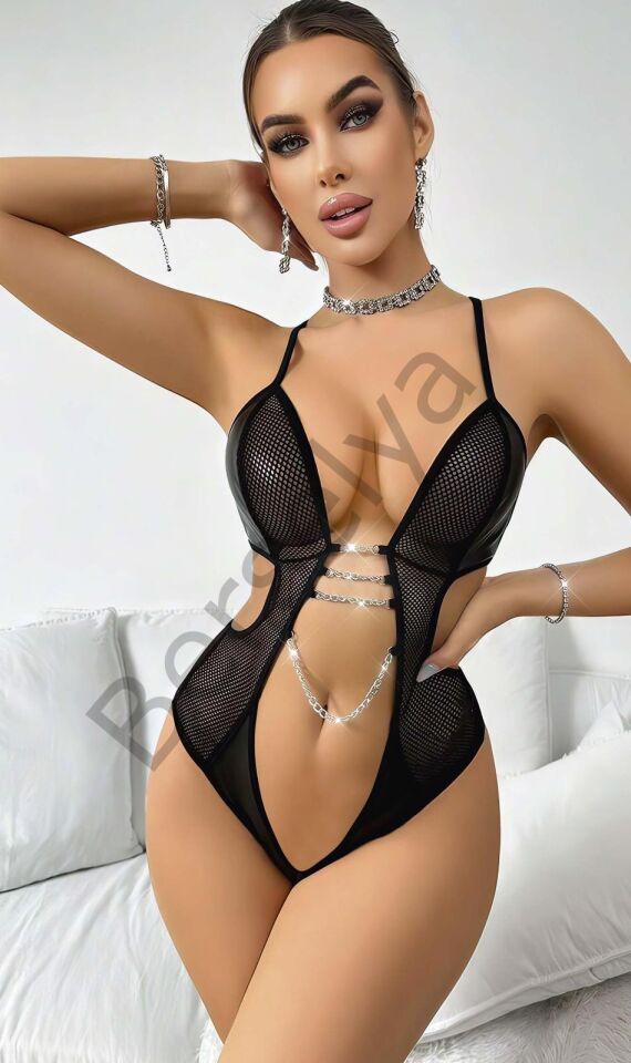 Kadın Siyah Fantazi Kostüm  Göğüs Dekolte Zincir Detaylı 2052