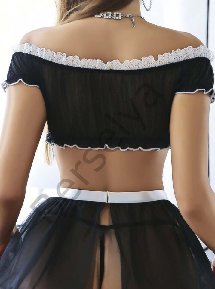 Kadın Siyah Fantazi Kostüm  Fır Fır Detaylı Hizmetçi Çorap Hariç 2212