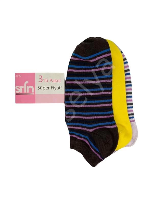 Srfn Kadın Patik Çorap 3 Lü  Çizgili  Desen