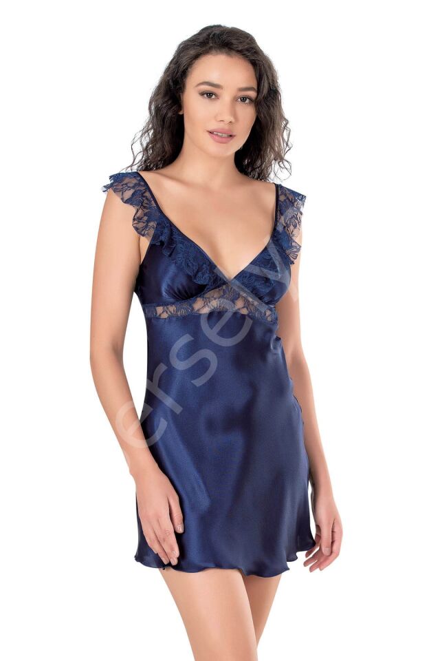 Lacivert Kısa Saten Gecelik