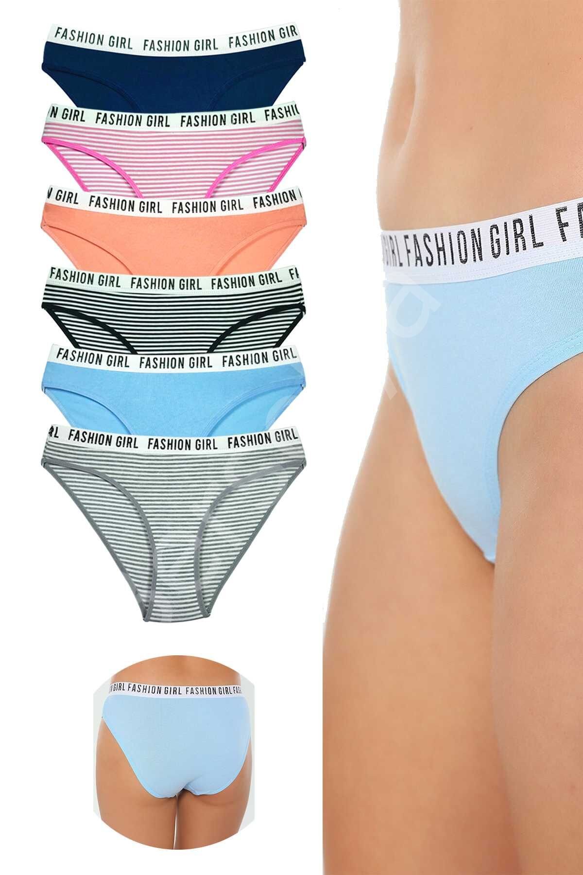 6 Adet Beli Yazılı Lastik Pamuk Kadın Külot