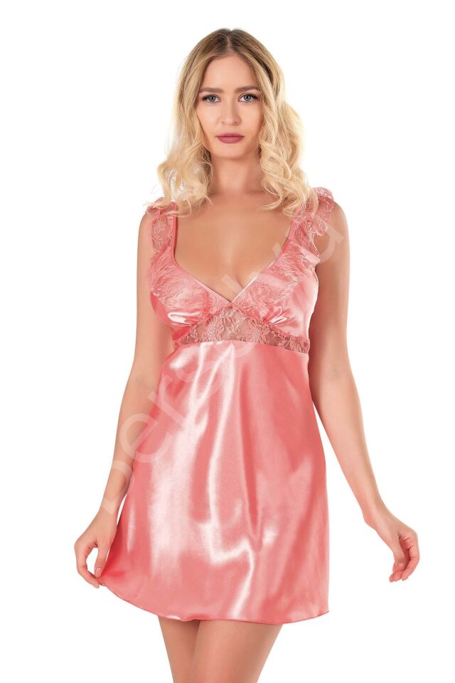 Mercan Kısa Saten Gecelik