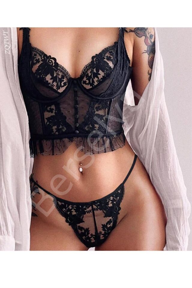 Siyah Dantel Detaylı Seksi Bustiyer Takım 16030