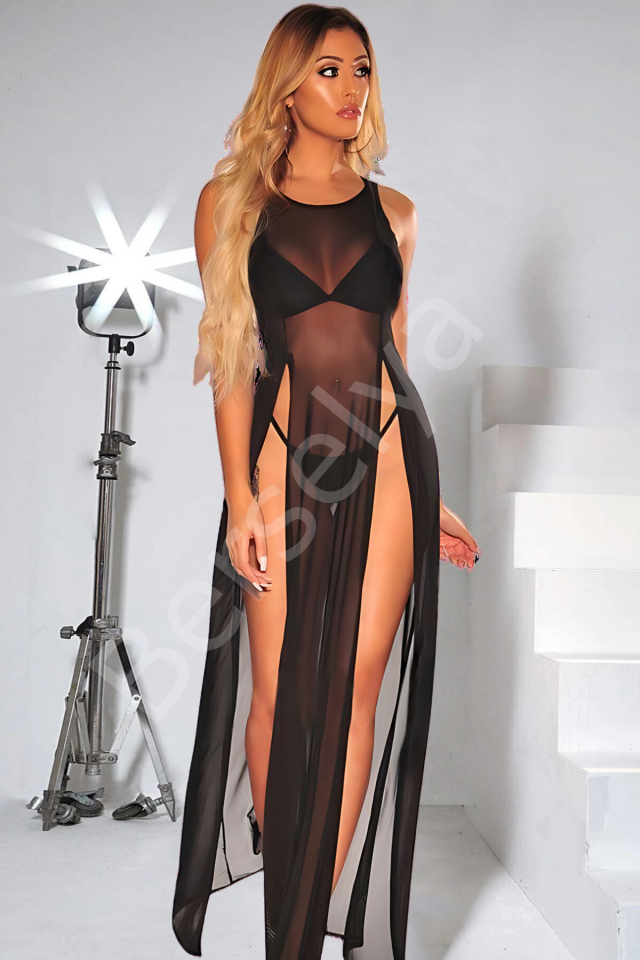 Siyah Yanlardan Yırtmaçlı Uzun Fantezi Sexi Fantezi Gecelik Model 68000s