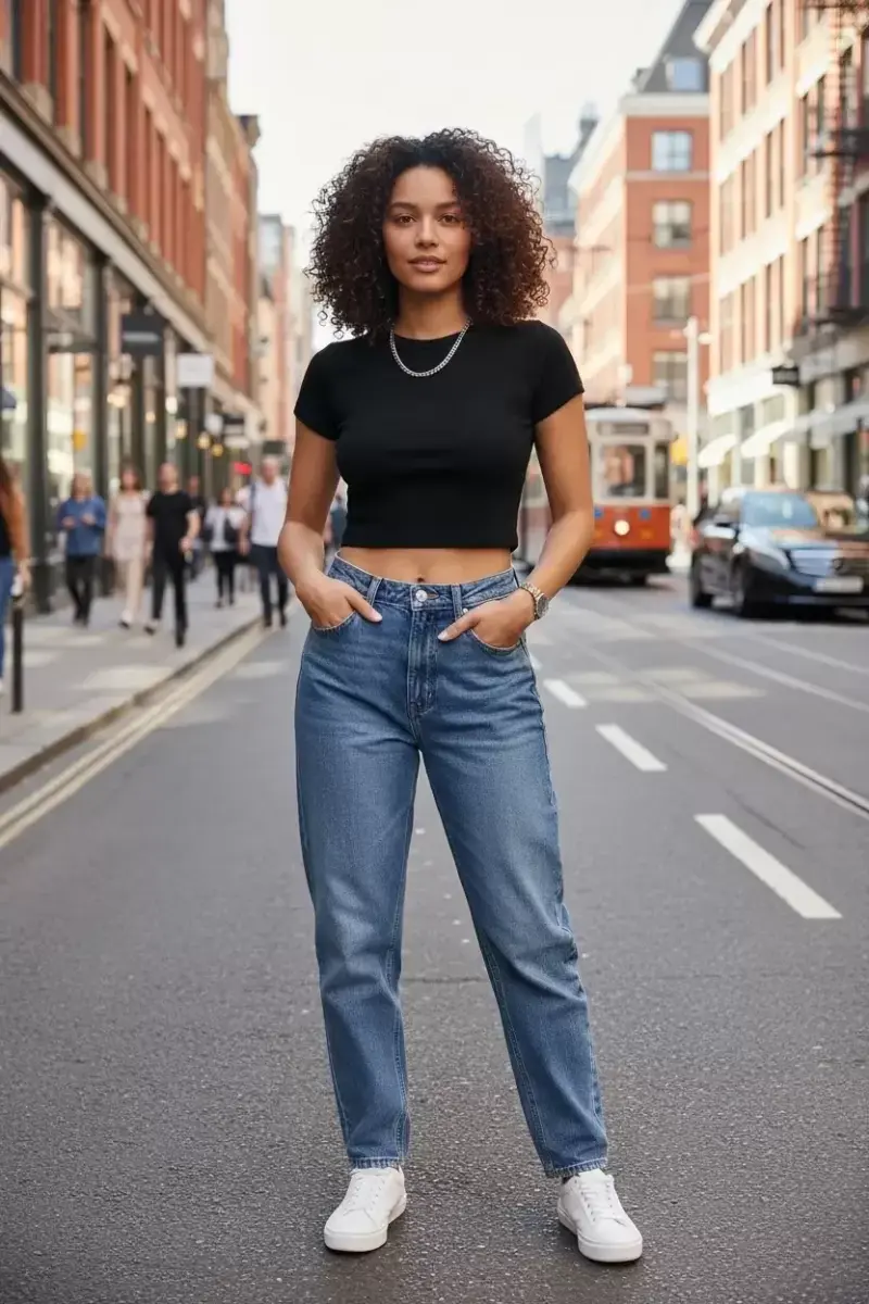 Kadın Siyah Modern Fit Yuvarlak Yaka Yarım Kol Crop Top Bluz