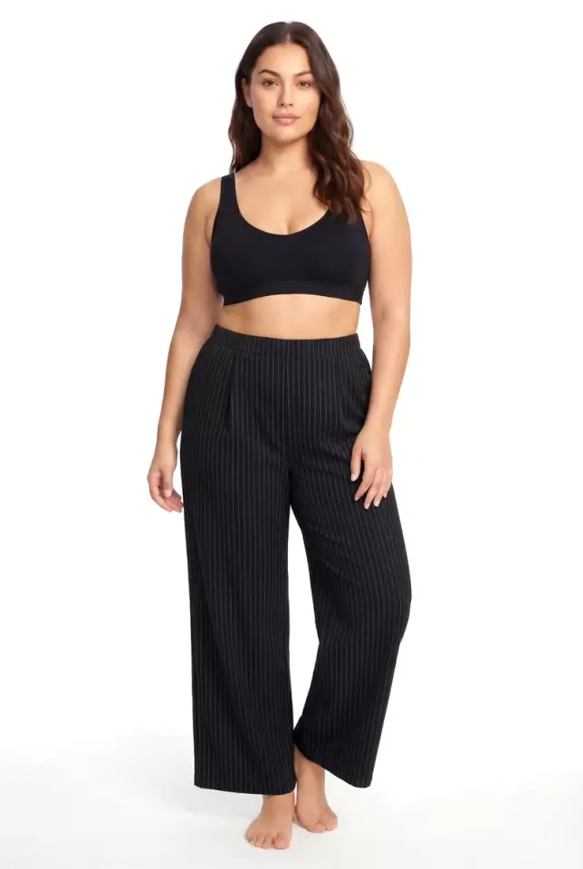 Kadın Siyah İnce Çizgili Büyük Beden Cepli Pijama Altı