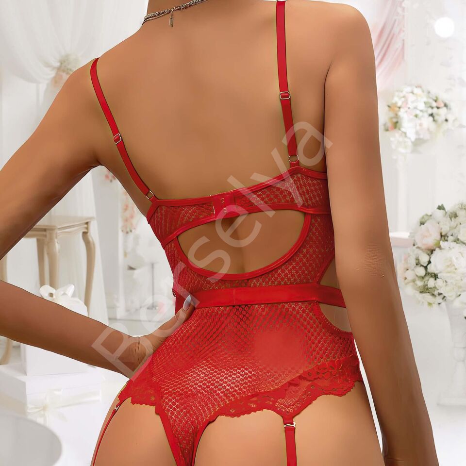 Kırmızı Dantel İşlemeli Zincir Detaylı Fantezi Jartiyer Takımı