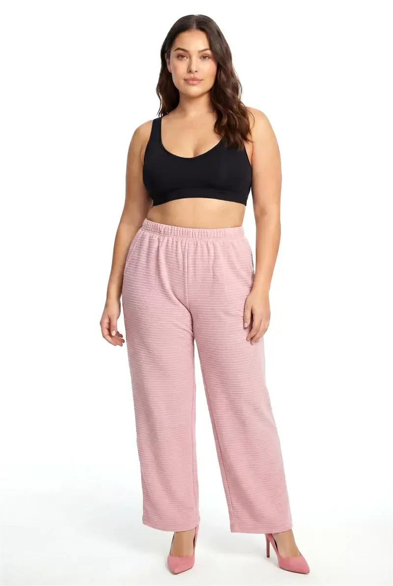 Kadın Pudra Pembe Dokulu Büyük Beden Cepli Pijama Altı