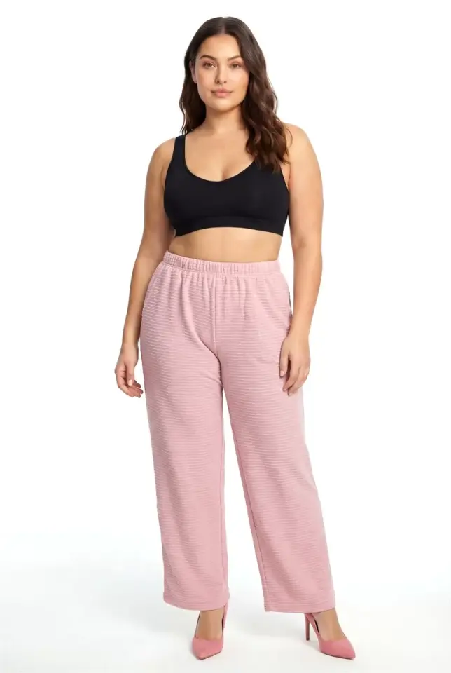 Kadın Pudra Pembe Dokulu Büyük Beden Cepli Pijama Altı