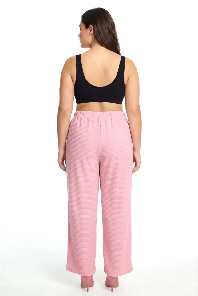 Kadın Pudra Pembe Dokulu Büyük Beden Cepli Pijama Altı