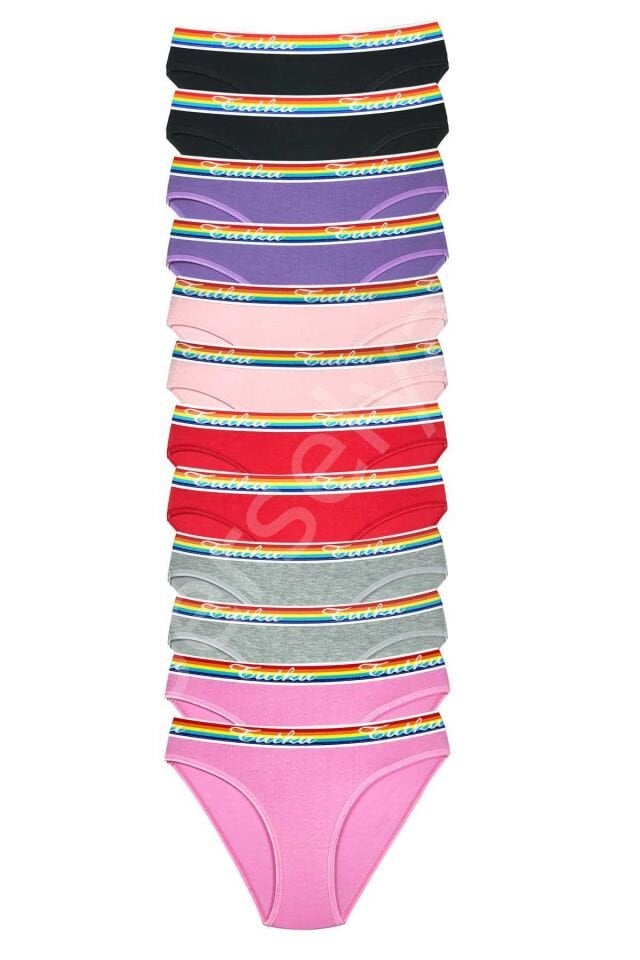 12 Adet Beli Renkli Lastik Pamuklu Kadın Slip Tutku Külot