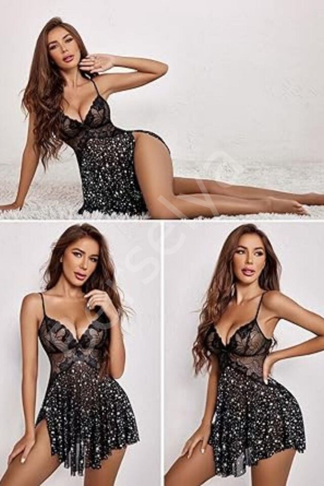 Siyah Likralı Transparan Tül Gecelik 15538