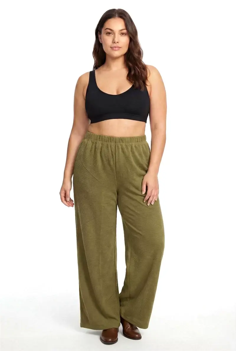 Kadın Haki Dokulu Büyük Beden Cepli Pijama Altı