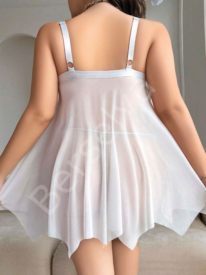 Büyük Beden Beyaz Kalın Askılı Kurdelalı Fantezi Tül Gecelik