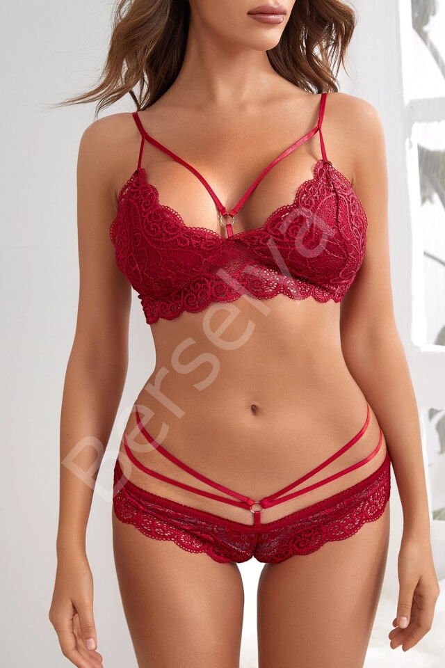 Kadın Bordo Dantelli Harness Sütyen Külot Takım