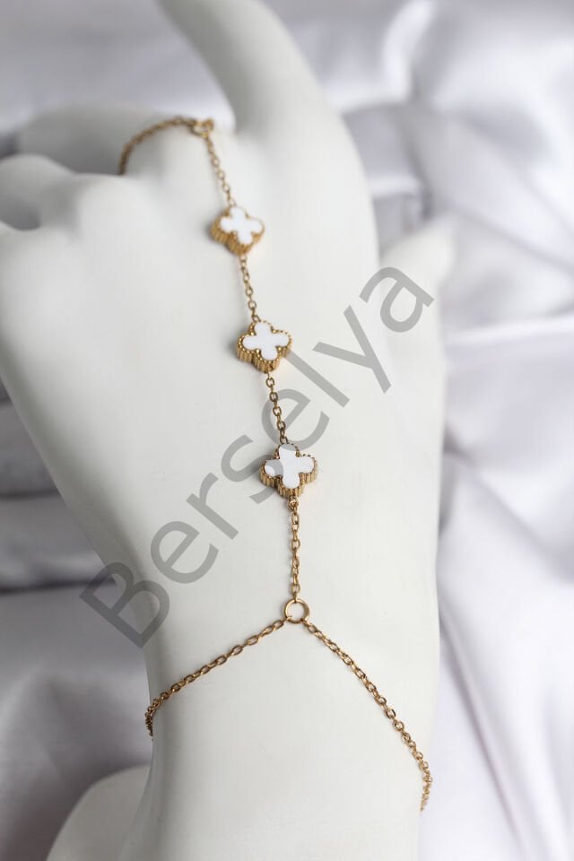 316L Çelik Gold Renk Beyaz Yonca Model Kadın Şahmeran