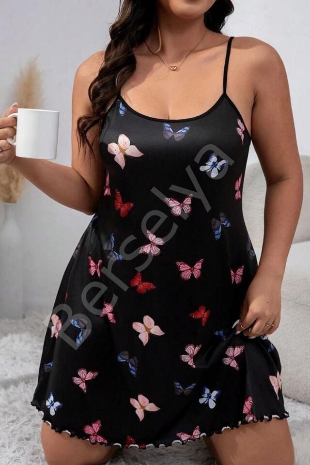 Siyah Büyük Beden Kelebek Desenli Gecelik 15723