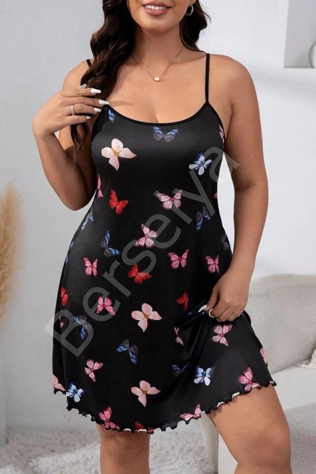 Siyah Büyük Beden Kelebek Desenli Gecelik 15723