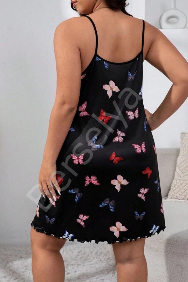 Siyah Büyük Beden Kelebek Desenli Gecelik 15723