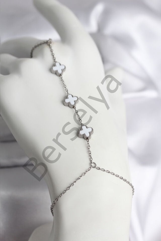 316L Çelik Gümüş Renk Beyaz Yonca Model Kadın Şahmeran