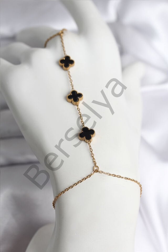 316L Çelik Gold Renk Siyah Yonca Model Kadın Şahmeran
