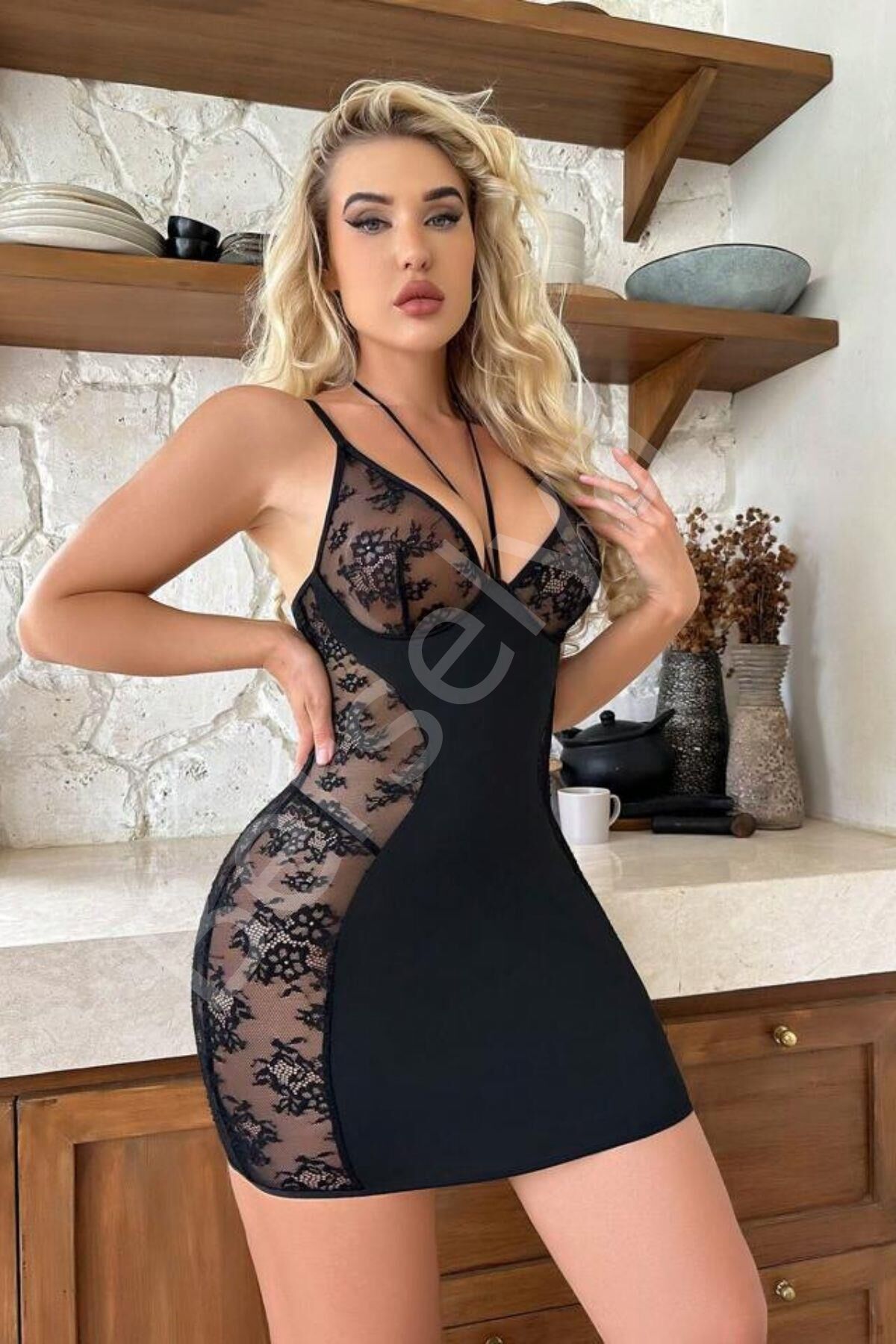 Siyah Yan Detaylı Şık Gecelik Pr5010