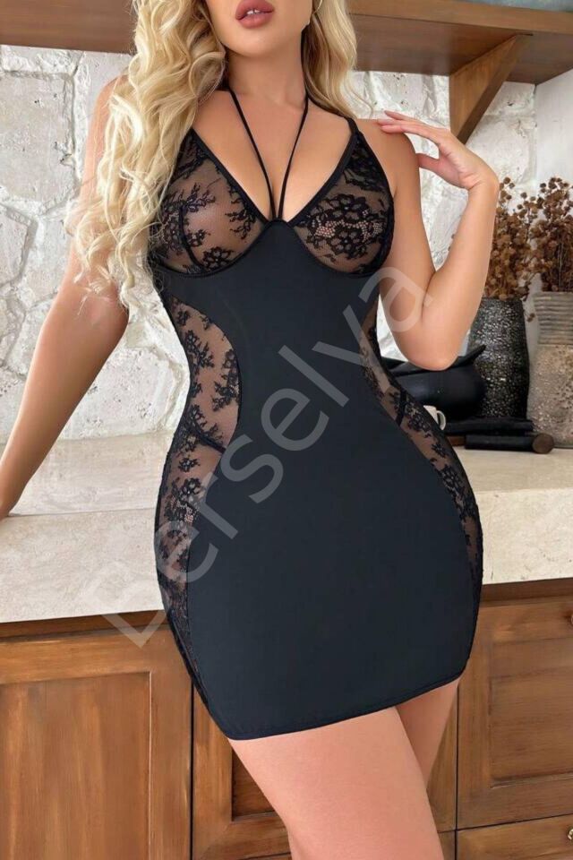 Siyah Yan Detaylı Şık Gecelik Pr5010