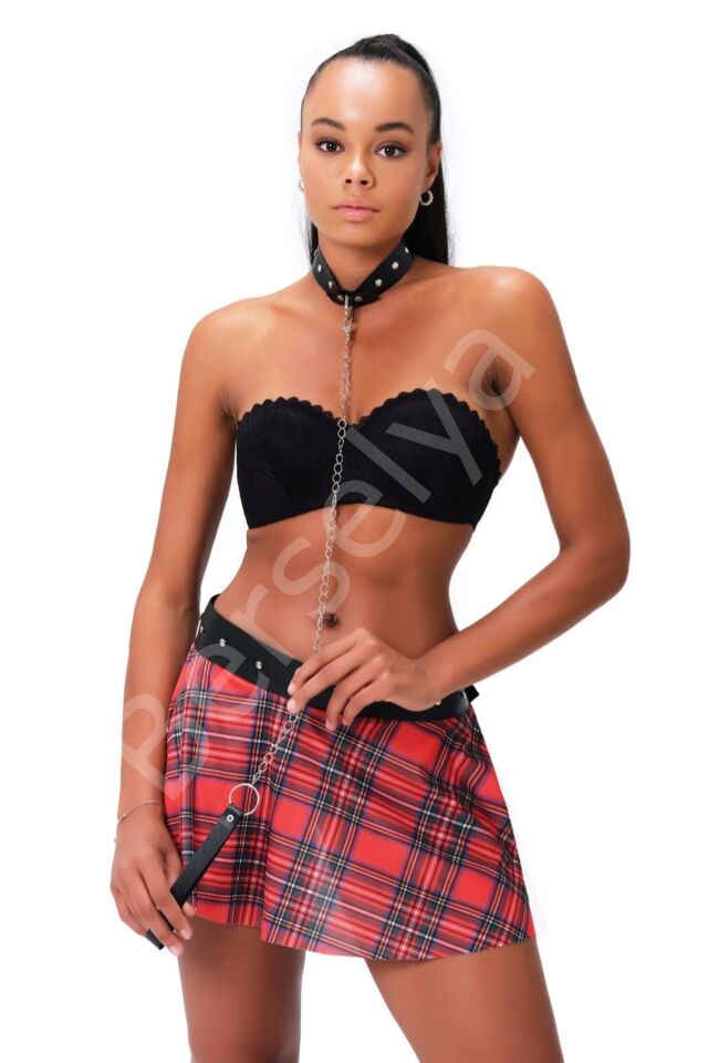 Kareli Harness Deri Etekleri Dantel Süslemeli Fantezi Gecelik 51158