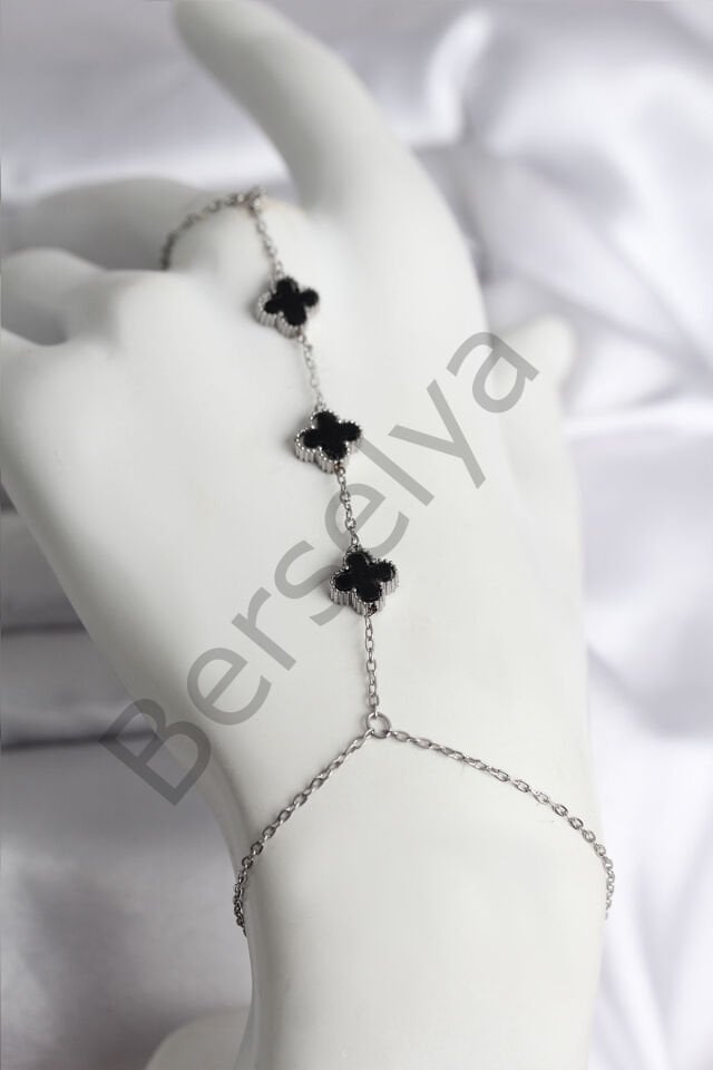 316L Çelik Gümüş Renk Siyah Yonca Model Kadın Şahmeran