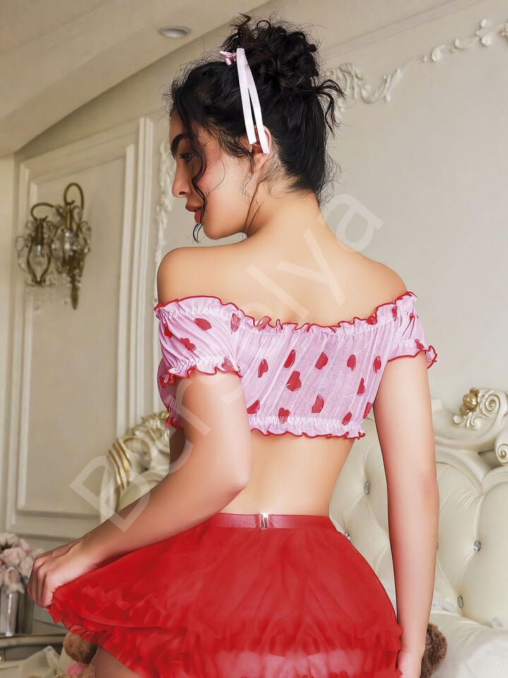 Kırmızı Kalp Desenli Pembe Etekli Fantezi Takım