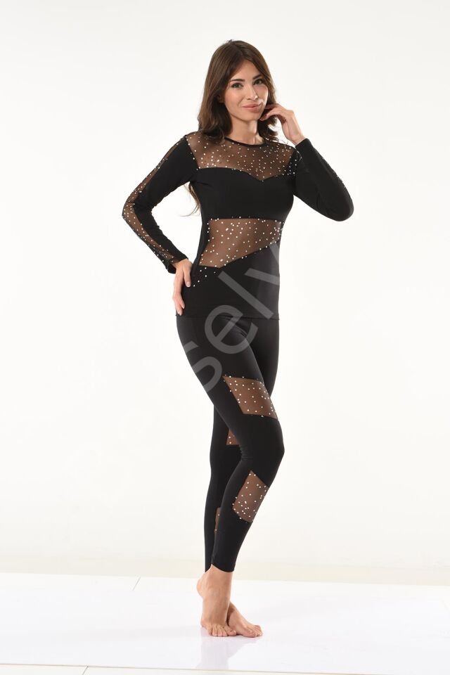 Puanlı Transparan Detaylı Kadın Tayt Takım 1131