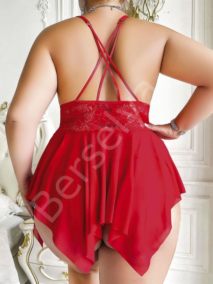 Kadın Kırmızı Fantezi Büyük Beden Gecelik Takımı