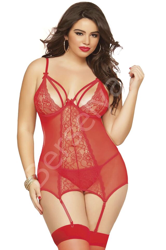 Büyük Beden Kırmızı Dantel İşlemeli Göğüs Dekolteli Fantezi Jartiyer Takımı