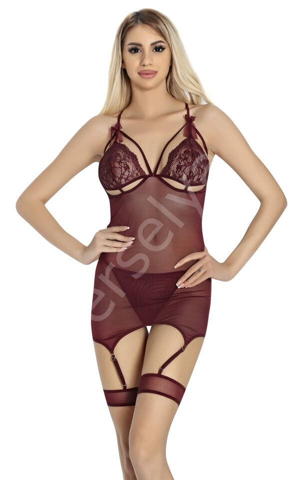 Bordo Bralet Kadın Jartiyer Gecelik Takımı  876